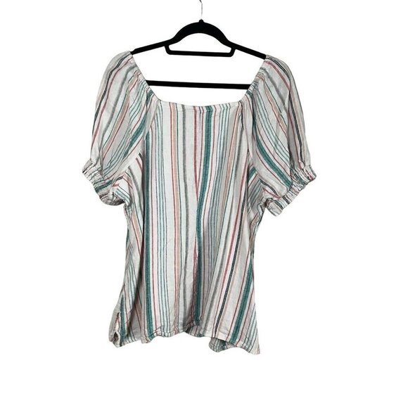 Lane Bryant Coastal Linen Top 18 Red Stripe Boho Retro Euro Summer Preppy Relax - Picture 10 of 14